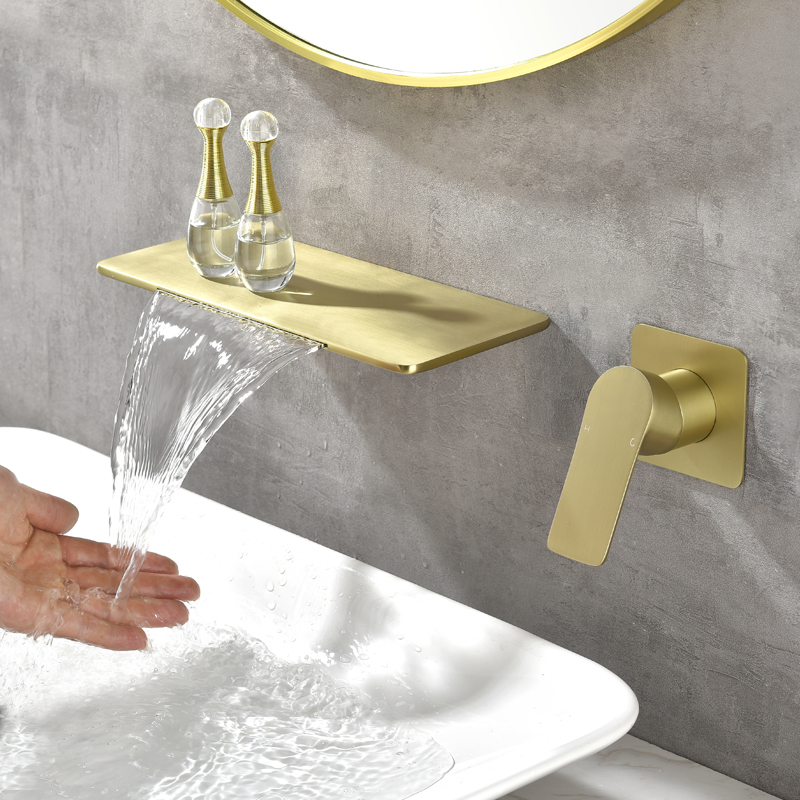 Brushed Gold Brass Waterfall Concealed Basin Faucet Hot and Cold Washbasin Faucet AM1028