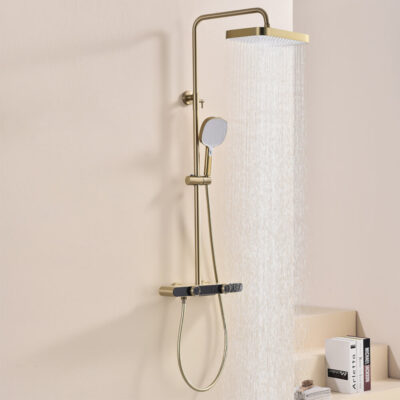 new full copper wall mounted home cold and hot water shower set with storage space overhead sprayer and rainfall function lm2538