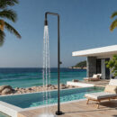 black single function outdoor vertical floor to ceiling shower, stainless steel shower column, beach shower set hw045d