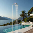 black outdoor floor to ceiling vertical shower, poolside beach bathhouse faucet hw1002