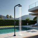 black outdoor floor to ceiling vertical shower, poolside beach bathhouse faucet hw1002