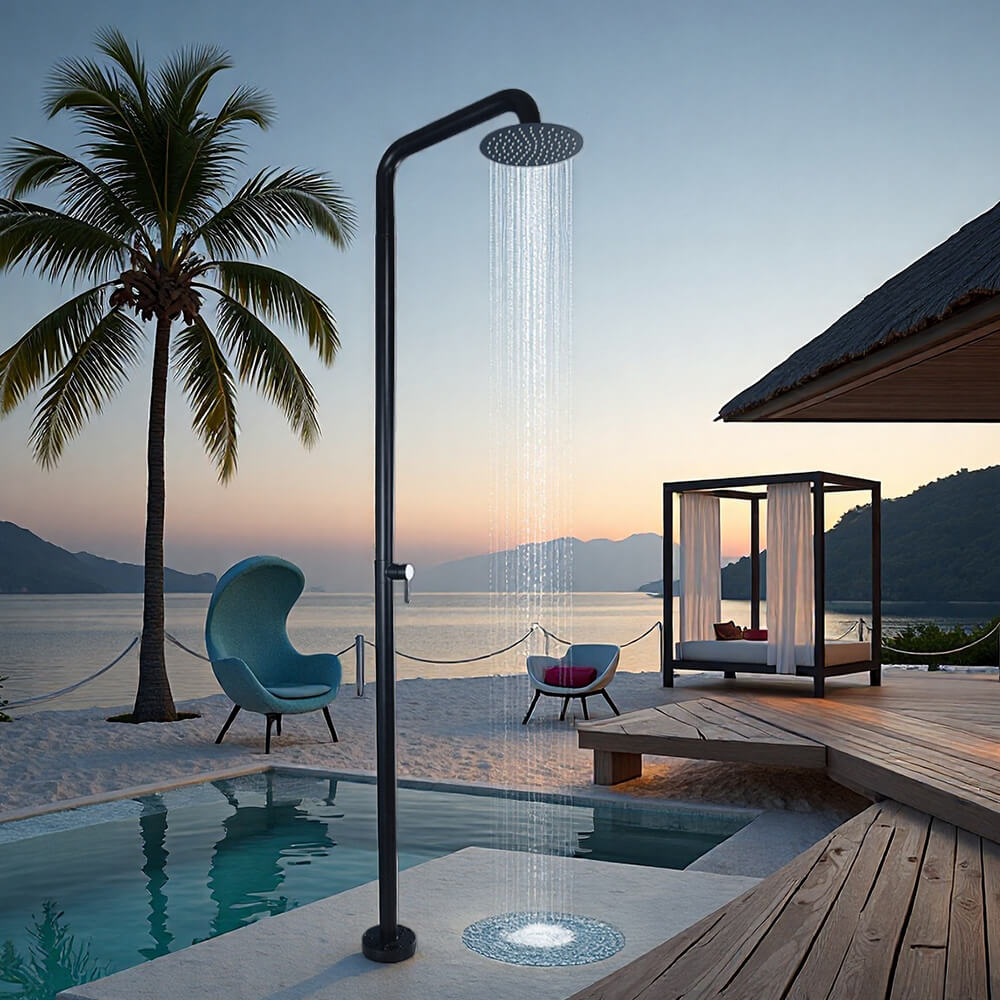 Black outdoor floor-to-ceiling vertical shower, poolside beach bathhouse faucet HW1002