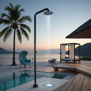 black outdoor floor to ceiling vertical shower, poolside beach bathhouse faucet hw1002