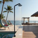 black outdoor floor to ceiling vertical shower, poolside beach bathhouse faucet hw1002
