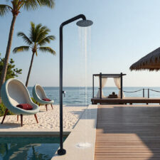 Black outdoor floor-to-ceiling vertical shower, poolside beach bathhouse faucet HW1002