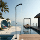 black outdoor floor to ceiling vertical shower, poolside beach bathhouse faucet hw1002
