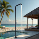 black outdoor floor to ceiling vertical shower, poolside beach bathhouse faucet hw1002
