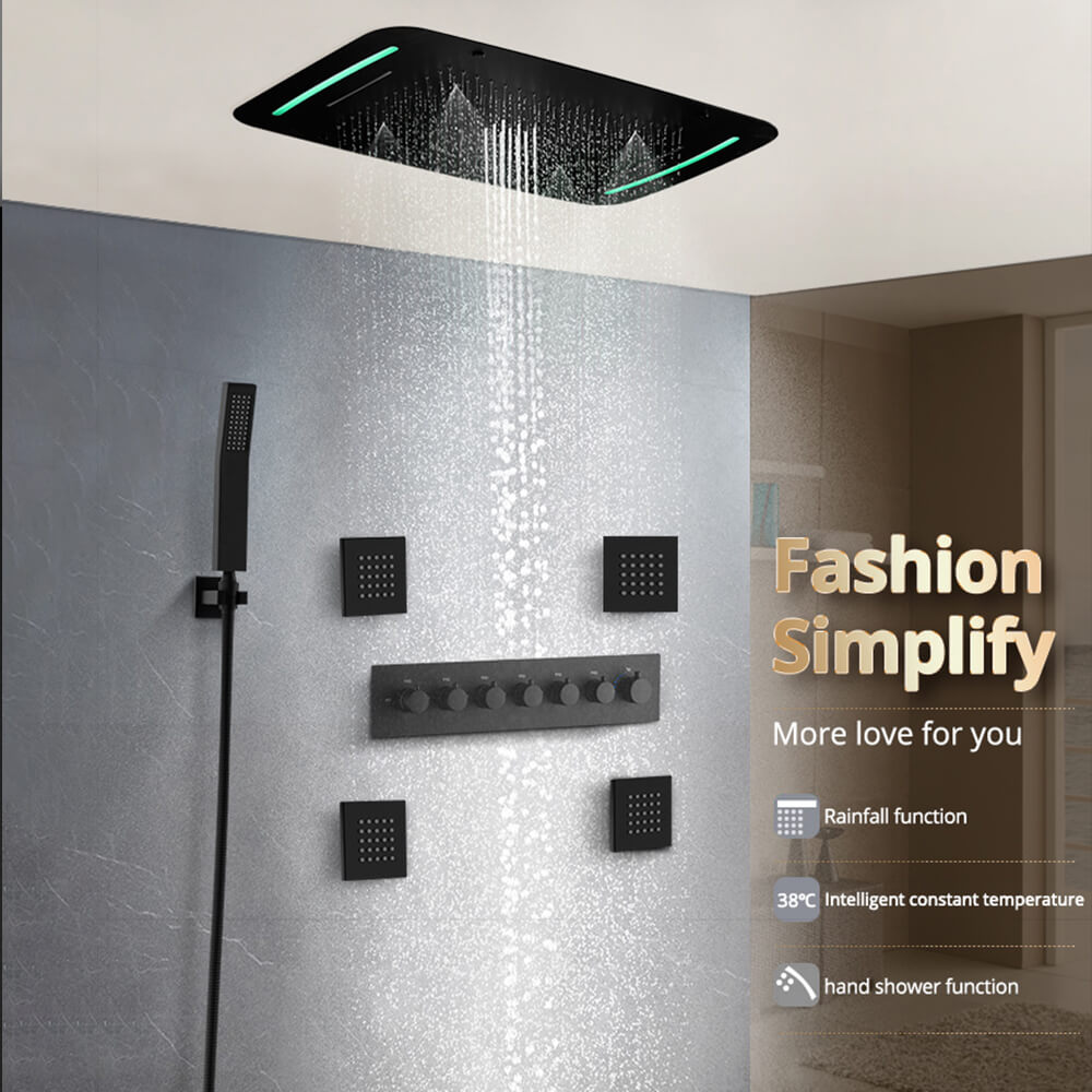 710*430 MM Ceiling Concealed Mounted Waterfall Rainfall Mist Water Column LED Shower Set Thermostatic Matte Black Shower