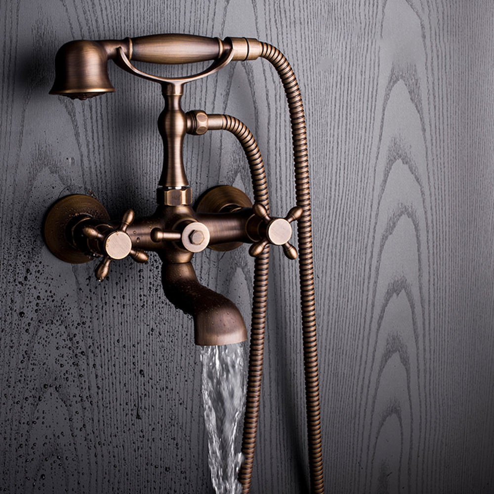 Nordic wall-mounted brass bathroom antique villa hotel hot and cold light luxury bathtub shower flower sprinkler set GQ2302