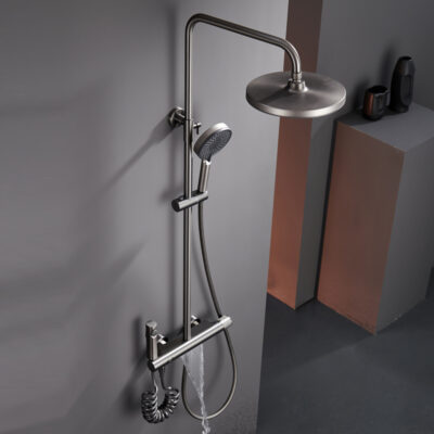 gray brass shower set, wall mounted, lifting, multi function hot and cold rain shower, big top spray lm2522
