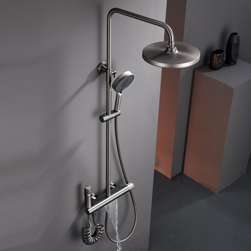 Gray brass shower set, wall-mounted, lifting, multi-function hot and cold rain shower, big top spray LM2522