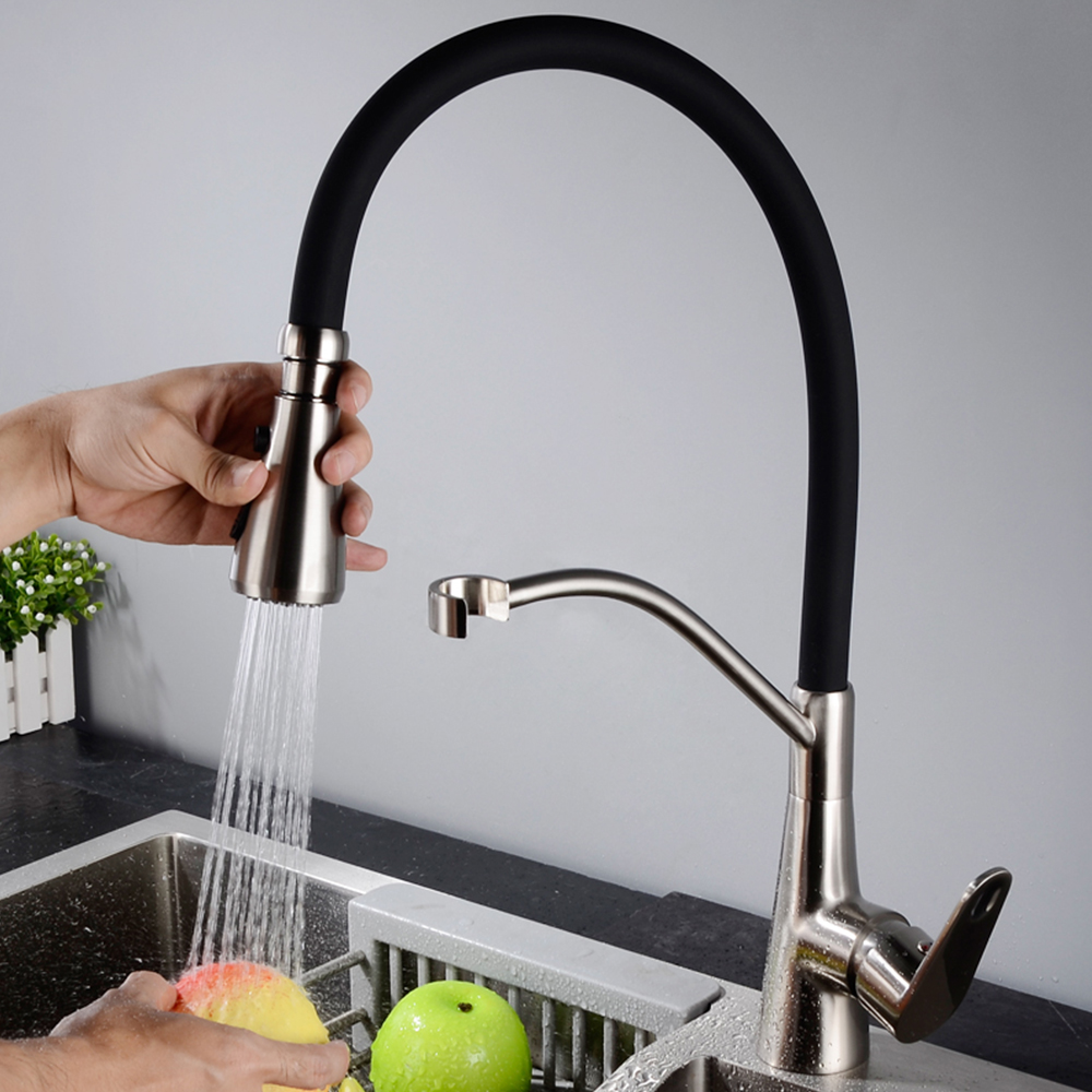 Brass kitchen pull-out hot and cold water faucet rotatable brushed stainless steel kitchen sink sink faucet set CC1004