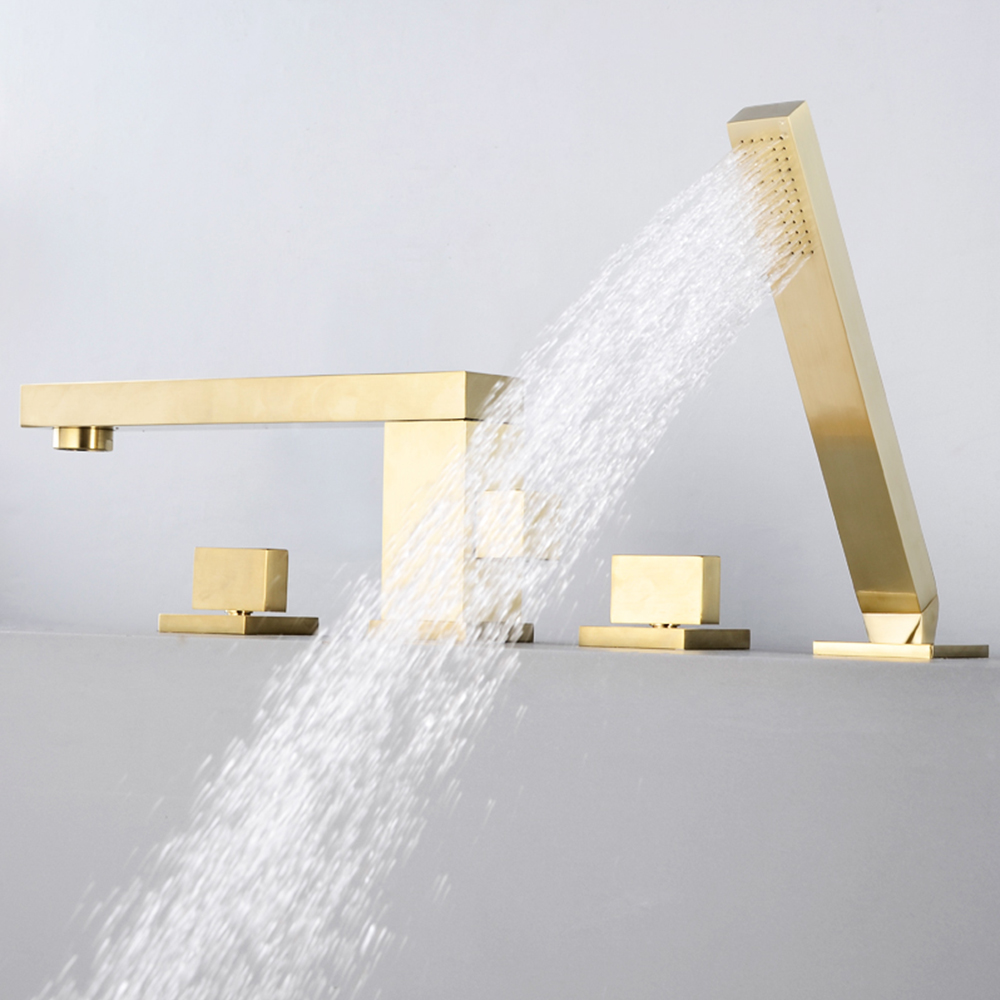 Square brass golden bathtub faucet with hand-held shower, rotatable bathtub side faucet, four-piece set YG1010