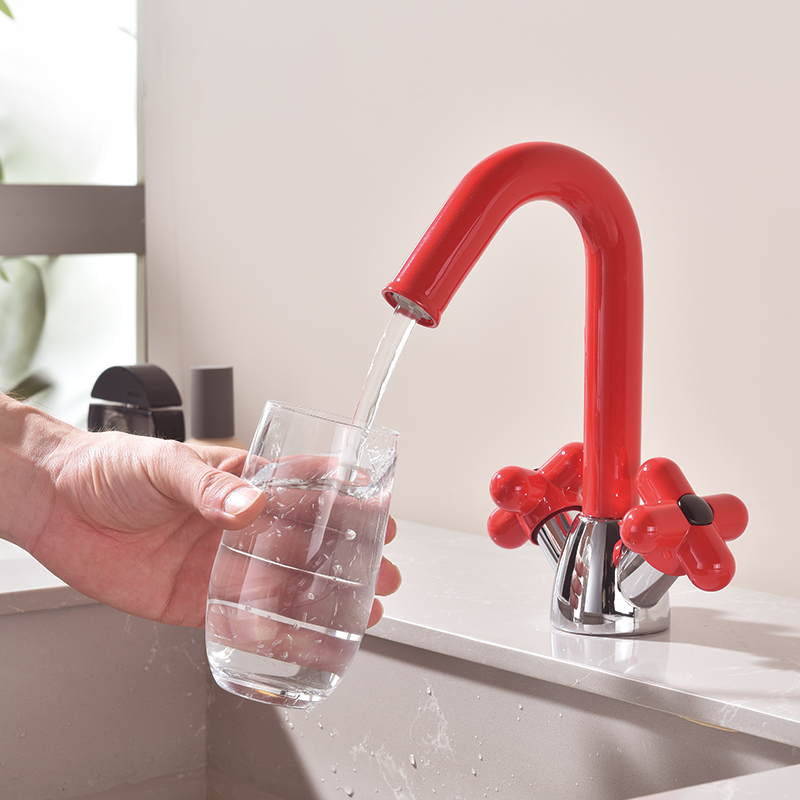 Light luxury Nordic red simple hot and cold faucet washbasin double handle bathroom toilet basin faucet MT2406