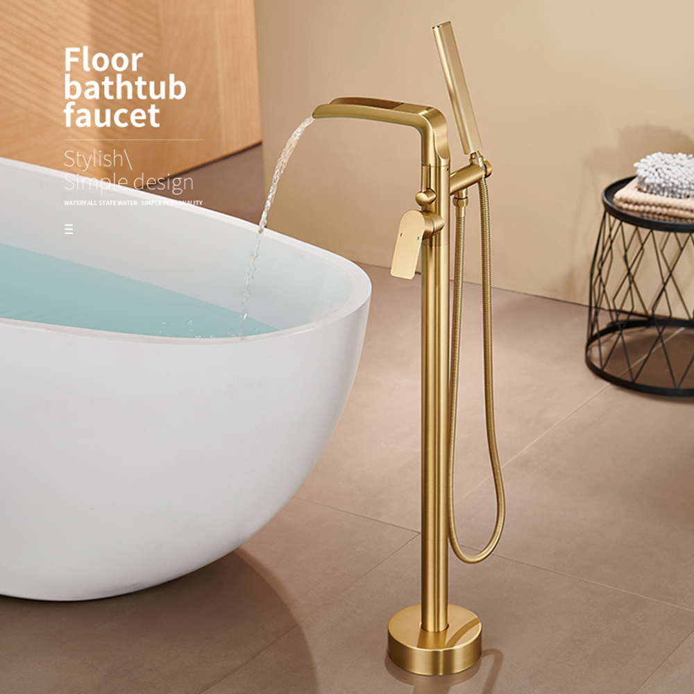 White brass floor-standing bathtub faucet, hot and cold waterfall outlet, column-type cylinder-side shower YG2301