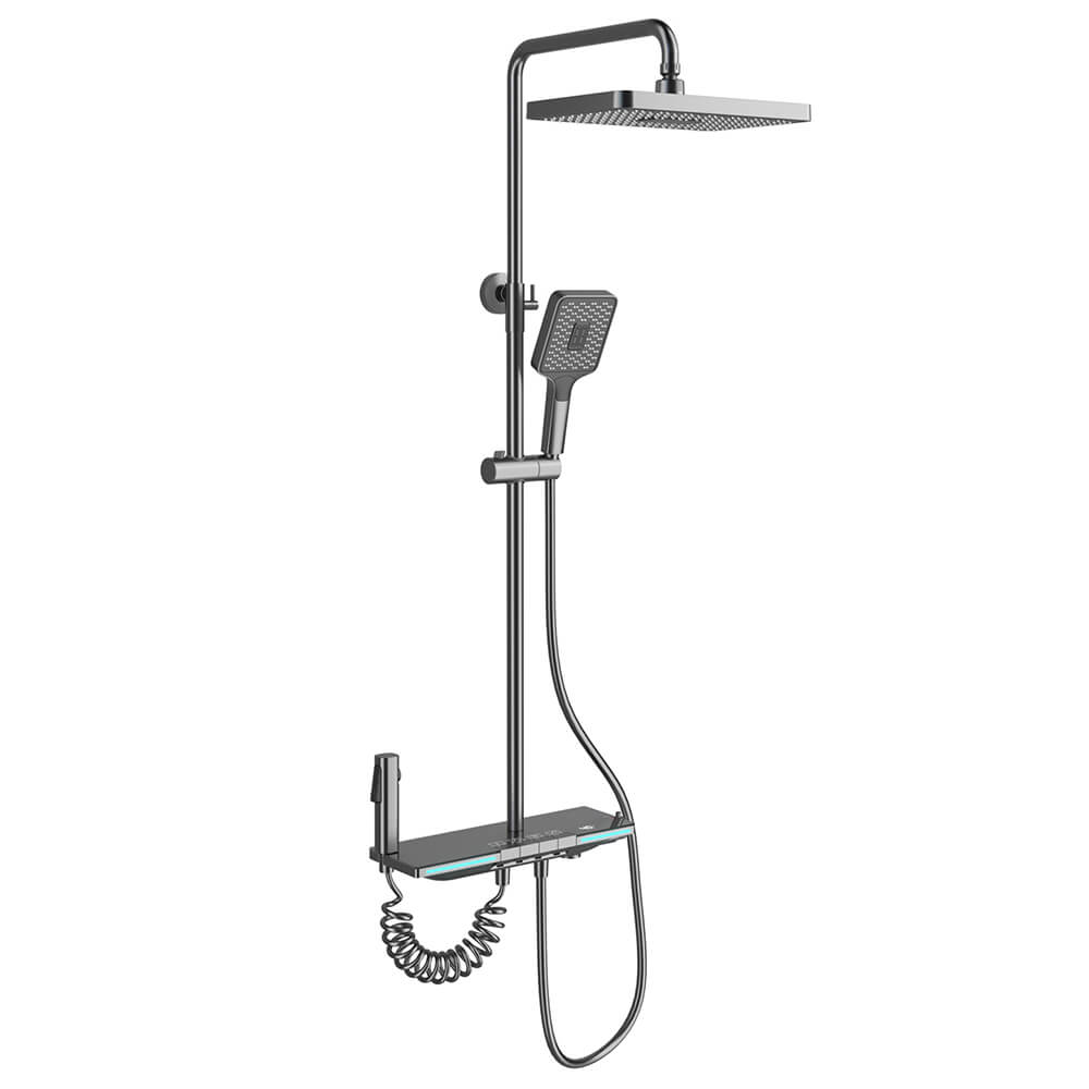 Freestanding outdoor shower installed by a backyard pool for quick sand and chlorine rinsing