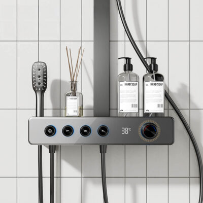 brass hot and cold multi function digital display shower set button storage platform shower lm2607