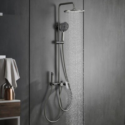brass simple multifunctional hot and cold shower set with storage platform bathroom rain shower lm2603