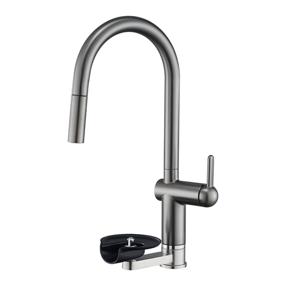 Sleek gunmetal grey outdoor shower head mounted on a backyard fence post