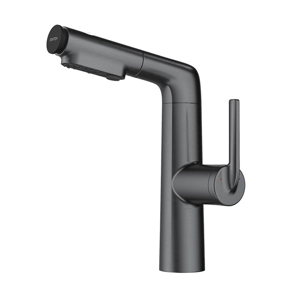 Brushed nickel outdoor shower head with dual function spray on a freestanding pole
