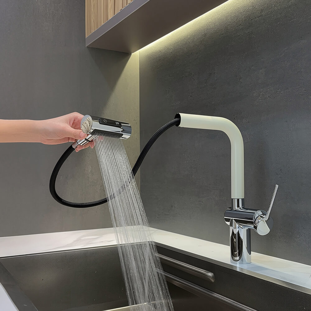 Cream white kitchen pull-out faucet, sink, sink, island platform, hot and cold household splash-proof faucet MP2604