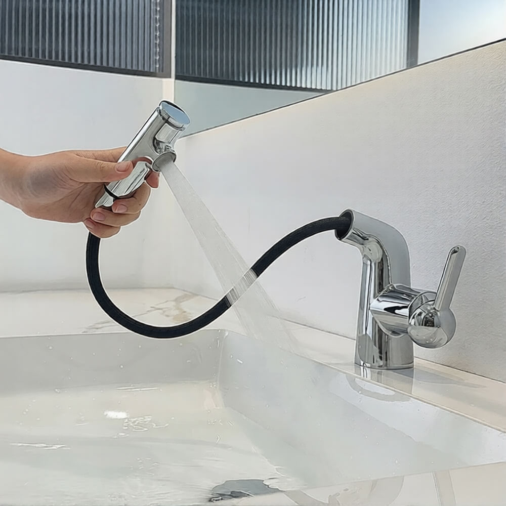 Wash basin faucet hot and cold household toilet bathroom single hole wash basin pull-out universal faucet MP2608