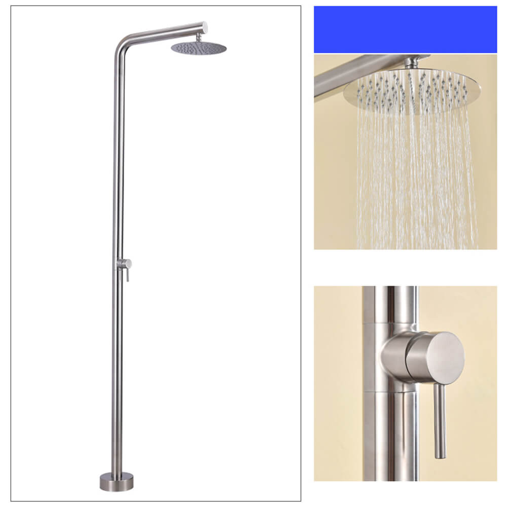 Polished stainless steel outdoor shower head with single function rainfall spray in garden setting
