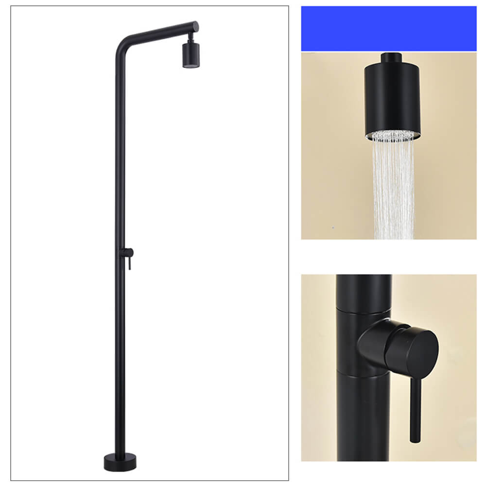 Black cylindrical single-function outdoor shower head for poolside installation