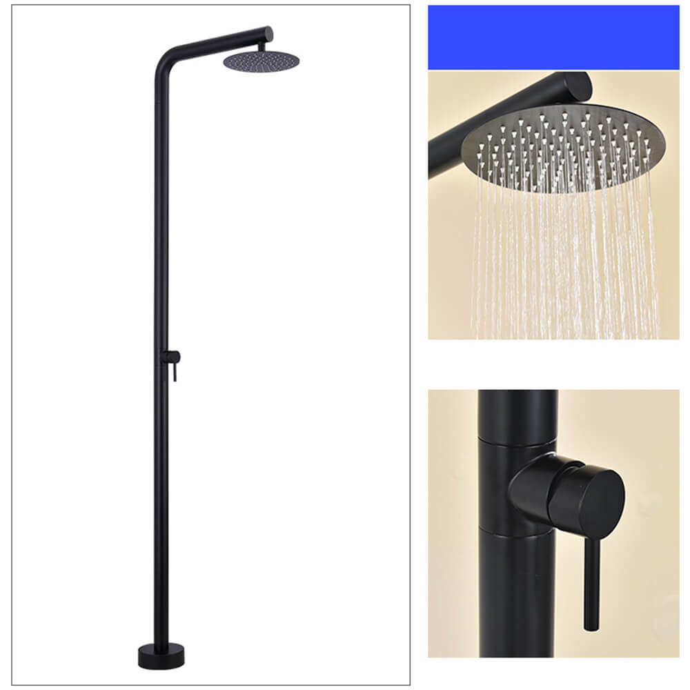 Single function black rainfall outdoor shower head mounted on stainless steel column