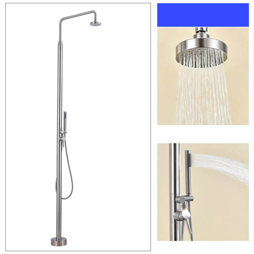 Modern freestanding outdoor shower column with dual spray patterns for poolside and backyard use