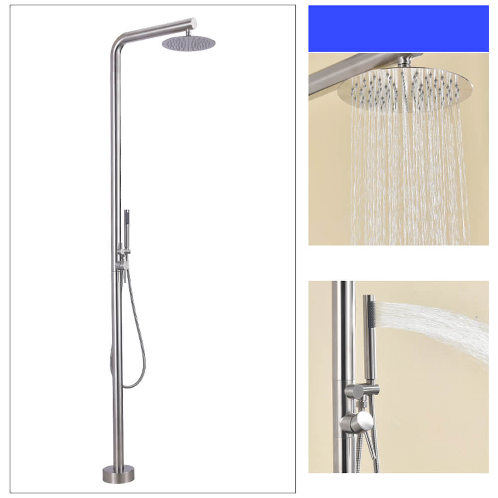 Stainless steel freestanding outdoor shower with dual function brushed steel top spray for backyard installation