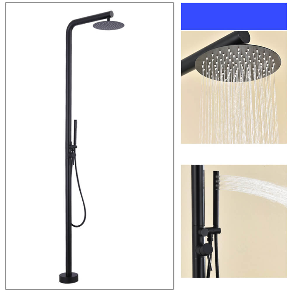 Dual function black outdoor shower head with rainfall spray for backyard poolside