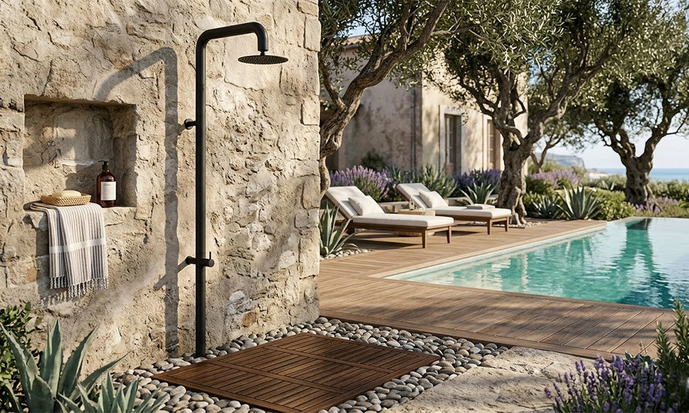luxury-matte-black-freestanding-outdoor-shower-poolside